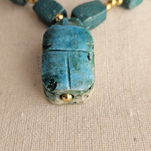 Vintage Scarab Necklace Egyptian Revival Beaded Blue Beetle Glazed Ceramic 28-in - Picture 12 of 13